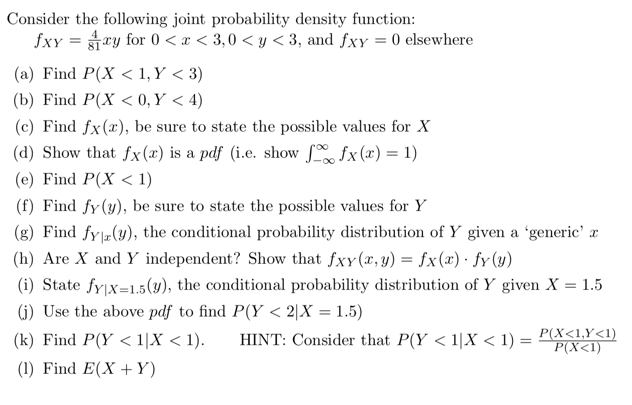 Solved Consider the following joint probability density | Chegg.com