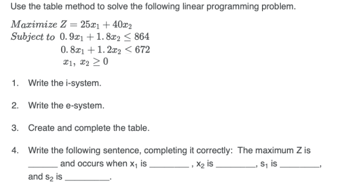 Solved Use the table method to solve the following linear | Chegg.com