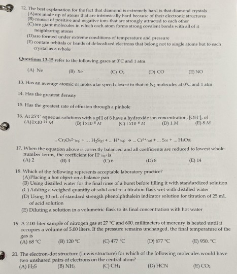 Solved 12. The best explanation for the fact that diamond is | Chegg.com