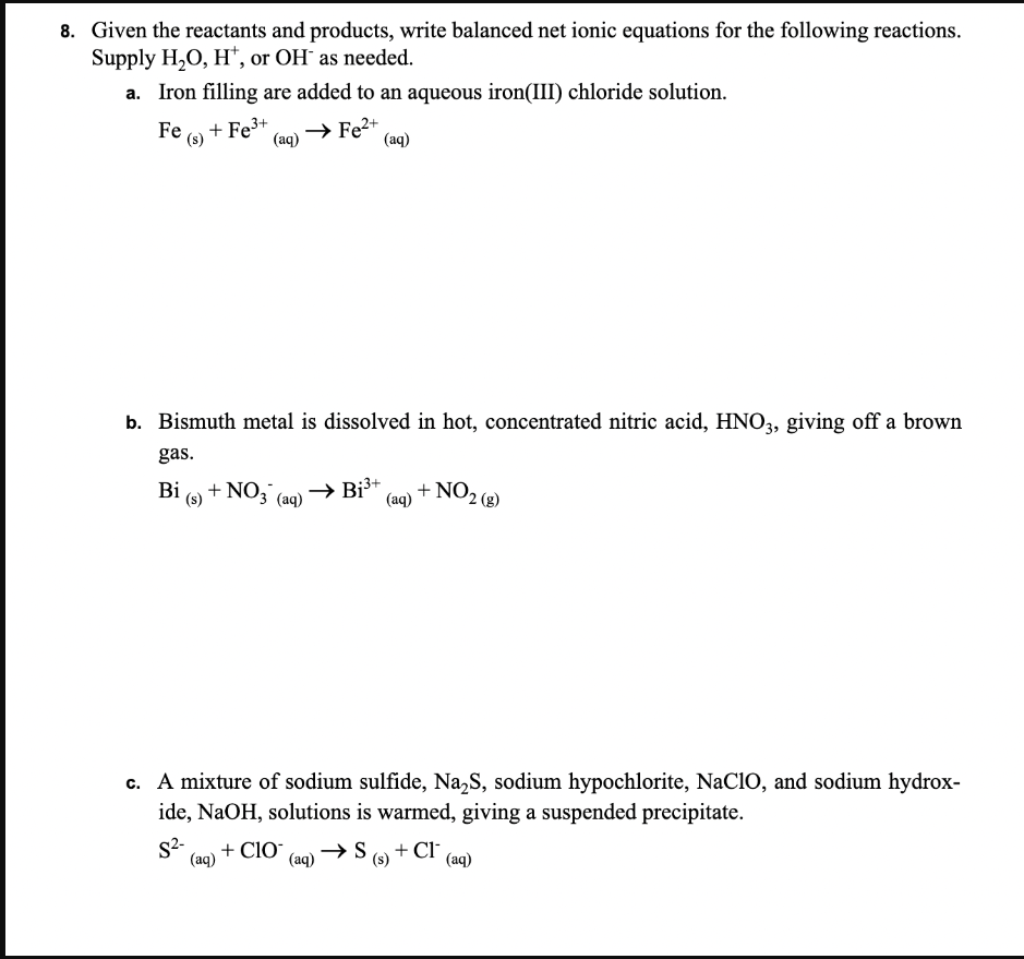 Solved 8. Given the reactants and products, write balanced | Chegg.com