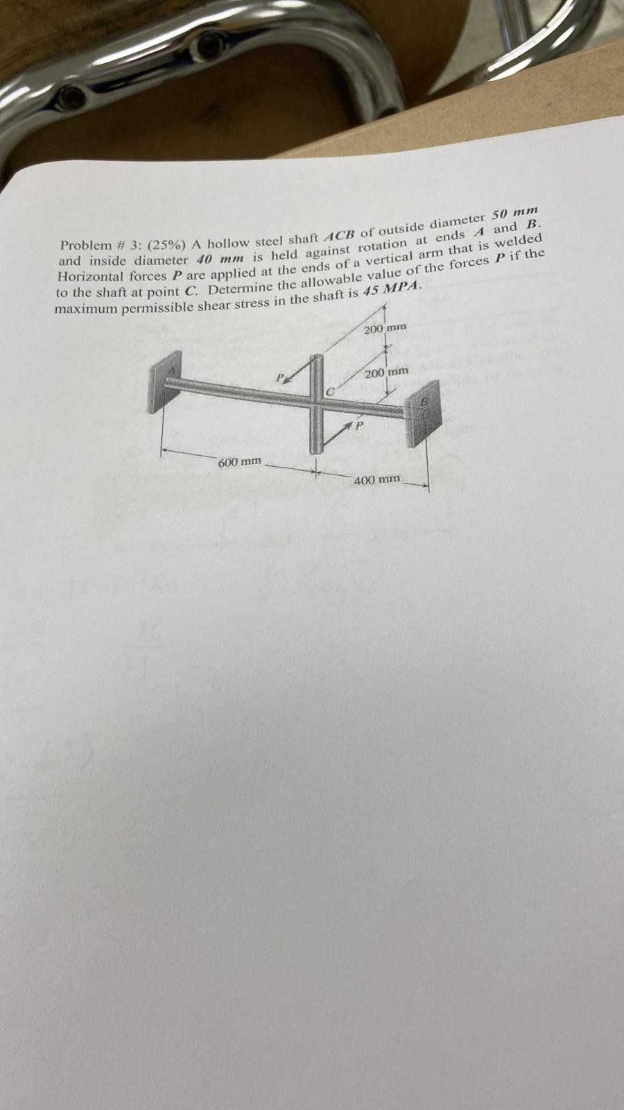 Solved Problem # 3: (25%) A Hollow Steel Shaft ACB Of | Chegg.com