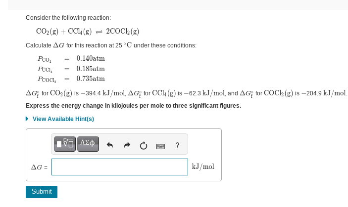 Solved Consider the following reaction: CO2( g)+CCl4( | Chegg.com