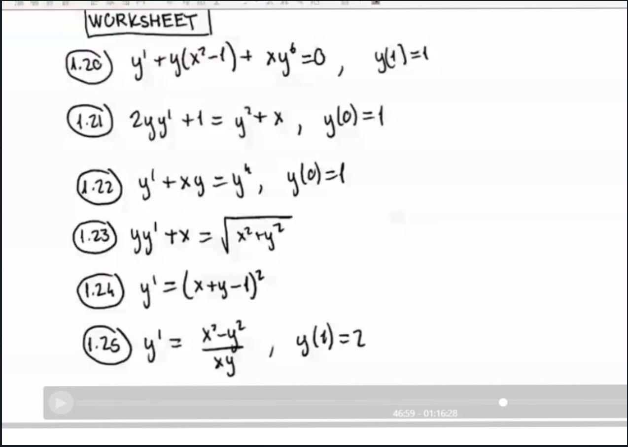 Solved WORKSHEET ( +- 1.26) y'+y(x-1)+ xy*=0ylt=1 W 2yy' + = | Chegg.com