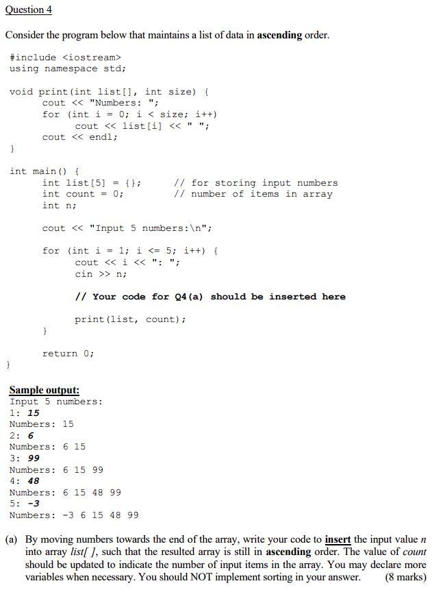 Solved Question 4 Consider the program below that maintains | Chegg.com