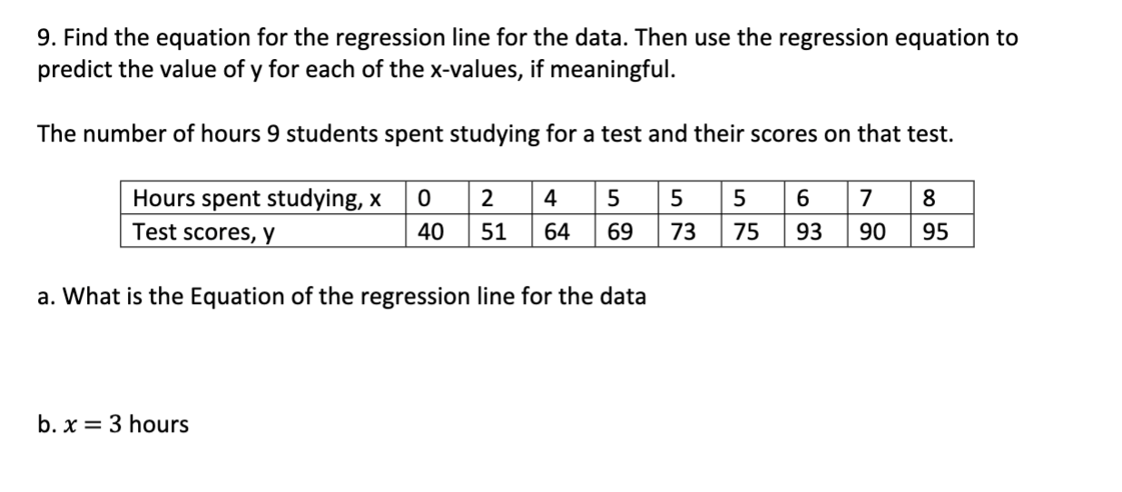 Solved 9. Find the equation for the regression line for the | Chegg.com