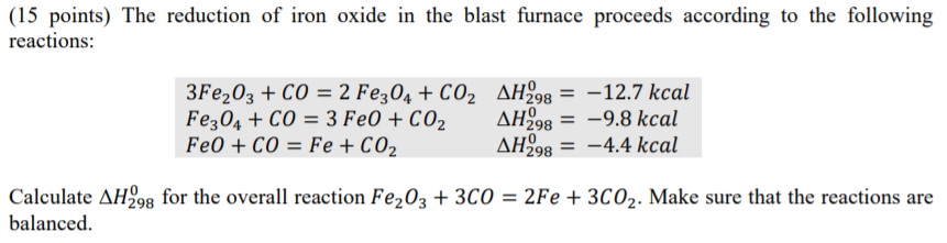 Solved (15 points) The reduction of iron oxide in the blast | Chegg.com