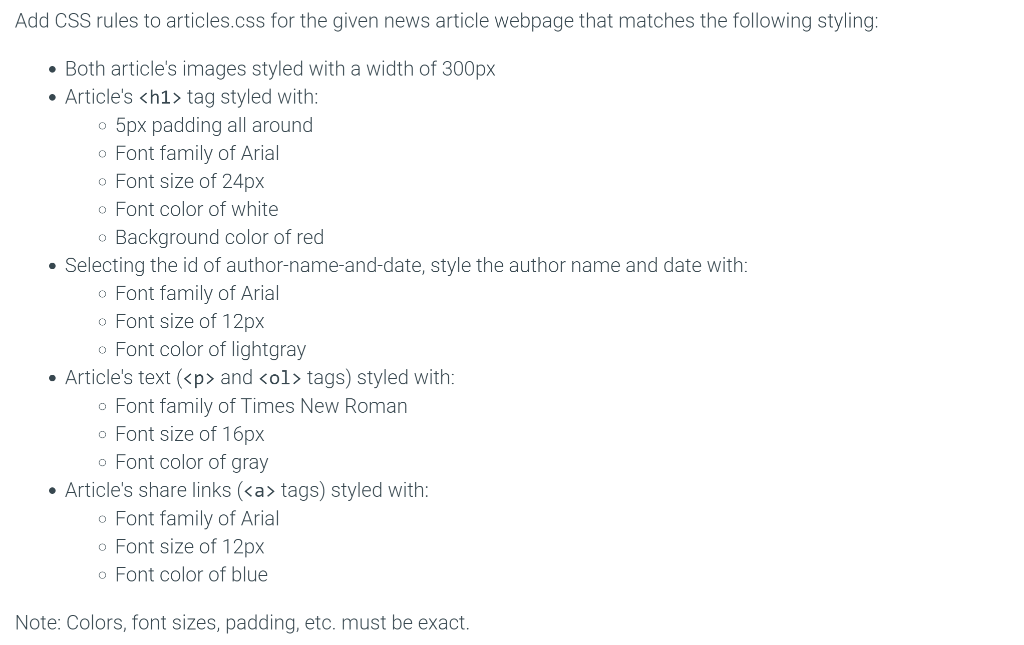 Add CSS rules to articles.css for the given news article webpage that matches the following styling: • Both articles images