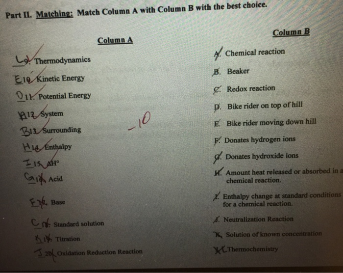 Solved Part II. Matching: Match Column A With Column B With | Chegg.com