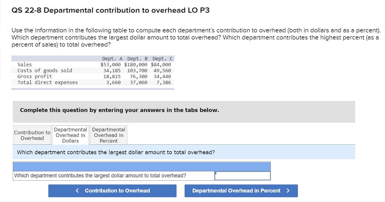 Solved QS 22-8 Departmental Contribution To Overhead LO P3 | Chegg.com