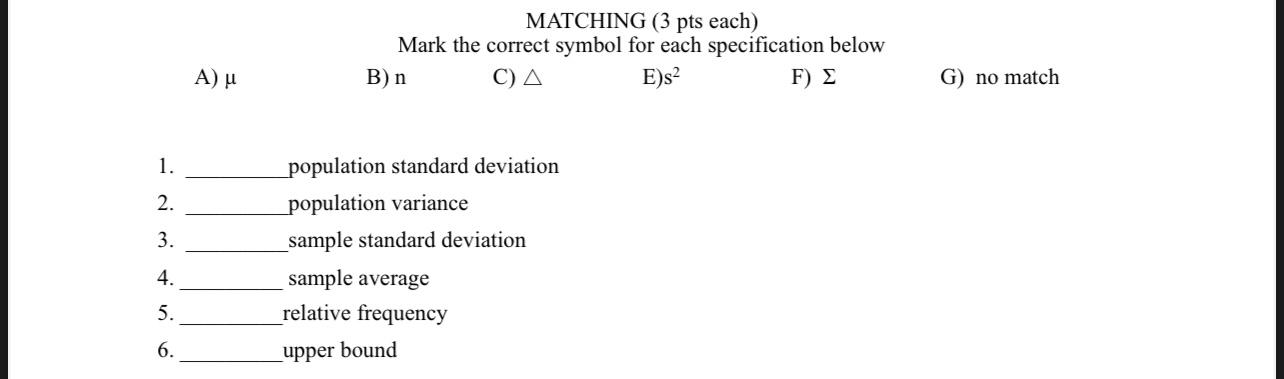 Solved Mark the correct symbol for each specification below