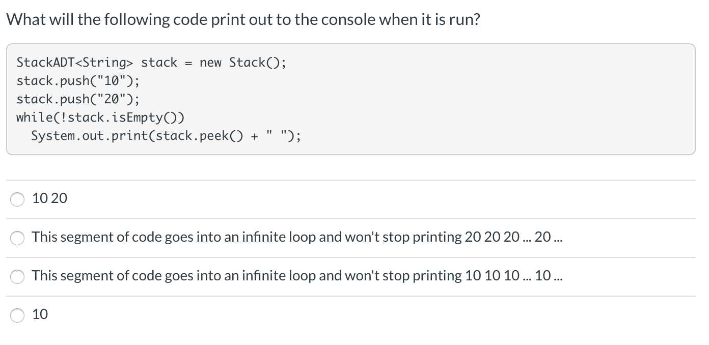 Solved Question 2 1 pts // Methods from the StackADT | Chegg.com