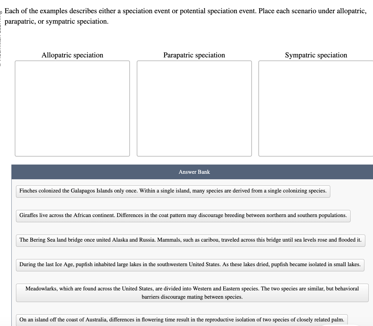 Solved Each of the examples describes either a speciation | Chegg.com