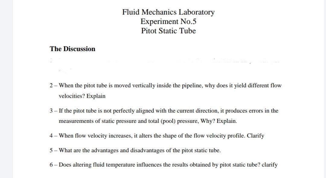 Solved Fluid Mechanics Laboratory Experiment No.5 Pitot | Chegg.com