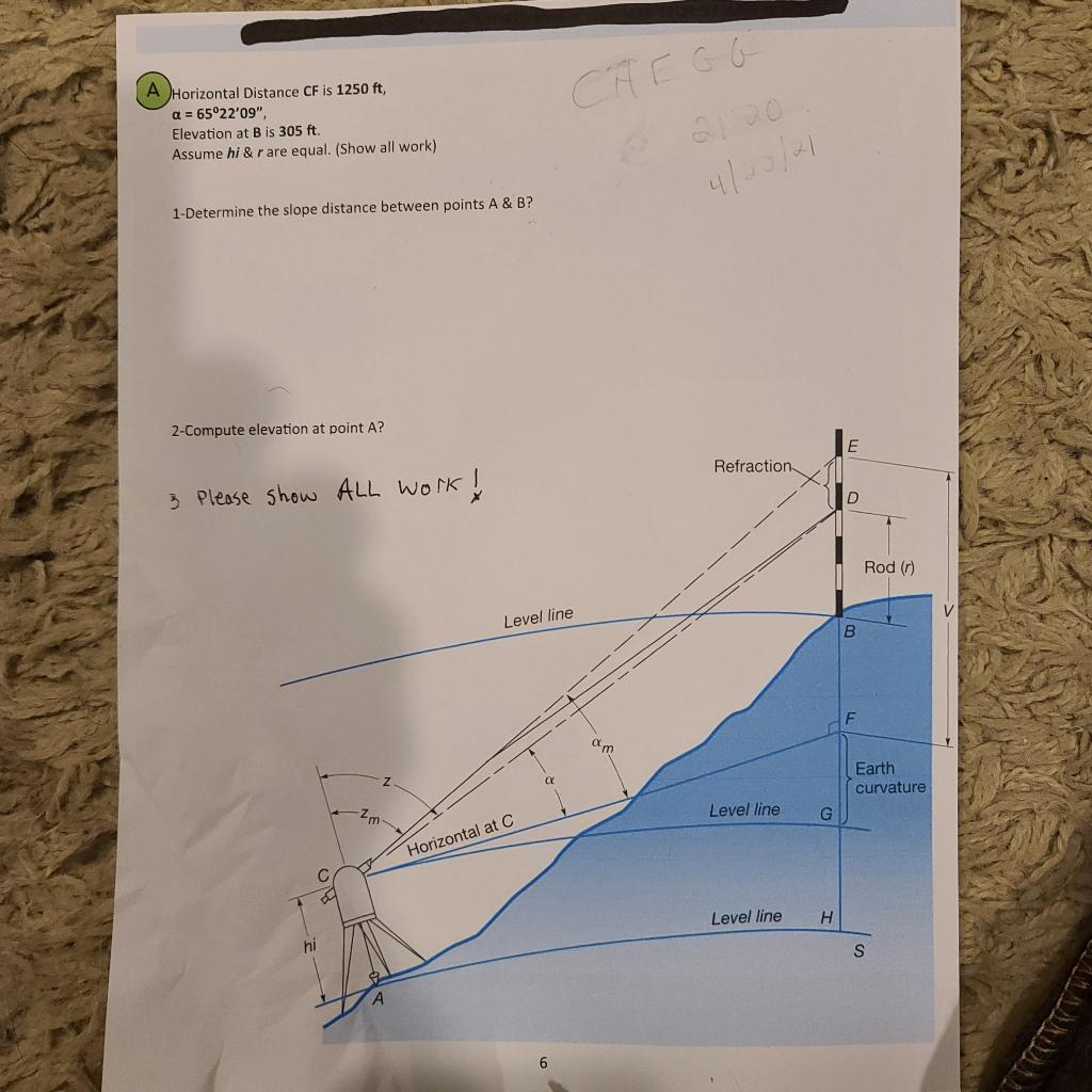 A Horizontal Distance CF is 1250 ft, a = 65°22'09
