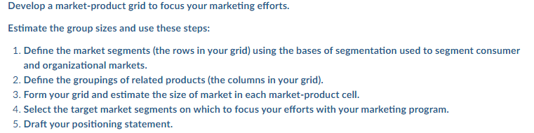 Develop a market-product grid to focus your marketing | Chegg.com