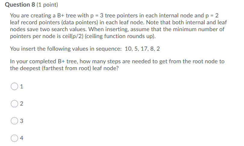 Solved Question 8 (1 point) You are creating a B+ tree with | Chegg.com