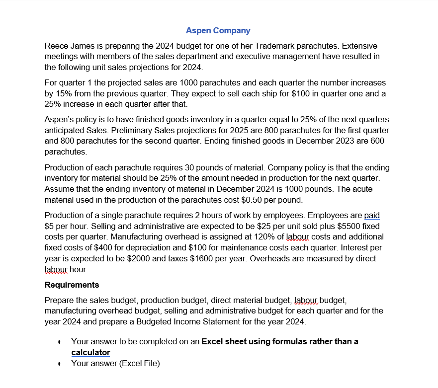 Solved Aspen Company Reece James is preparing the 2024