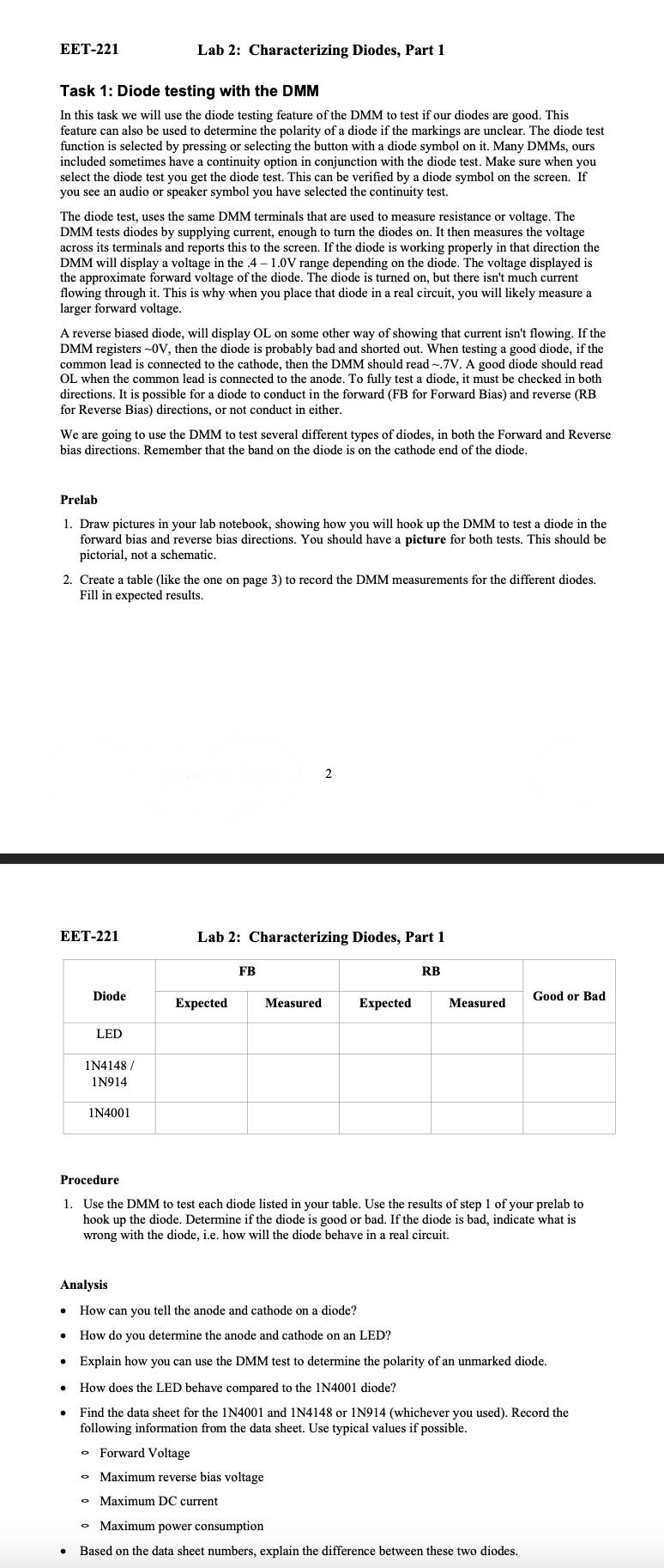 EET221 Lab 2 Characterizing Diodes, Part 1 Task 1