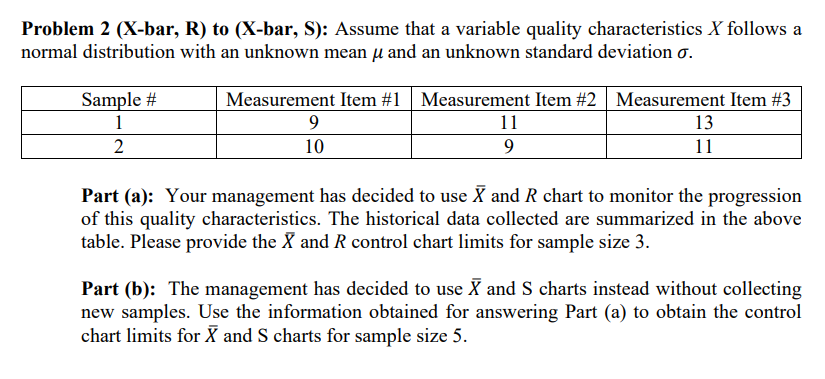 Solved Problem 2 (X-bar, R) to (X-bar, S): Assume that a | Chegg.com