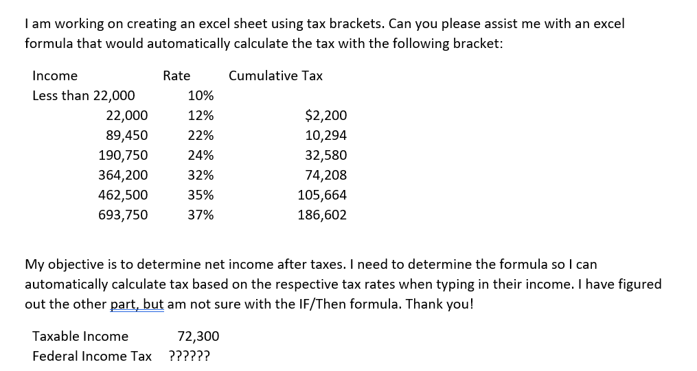 Solved I am working on creating an excel sheet using tax | Chegg.com