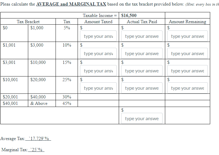 Solved Average Tax: Marginal Tax: | Chegg.com