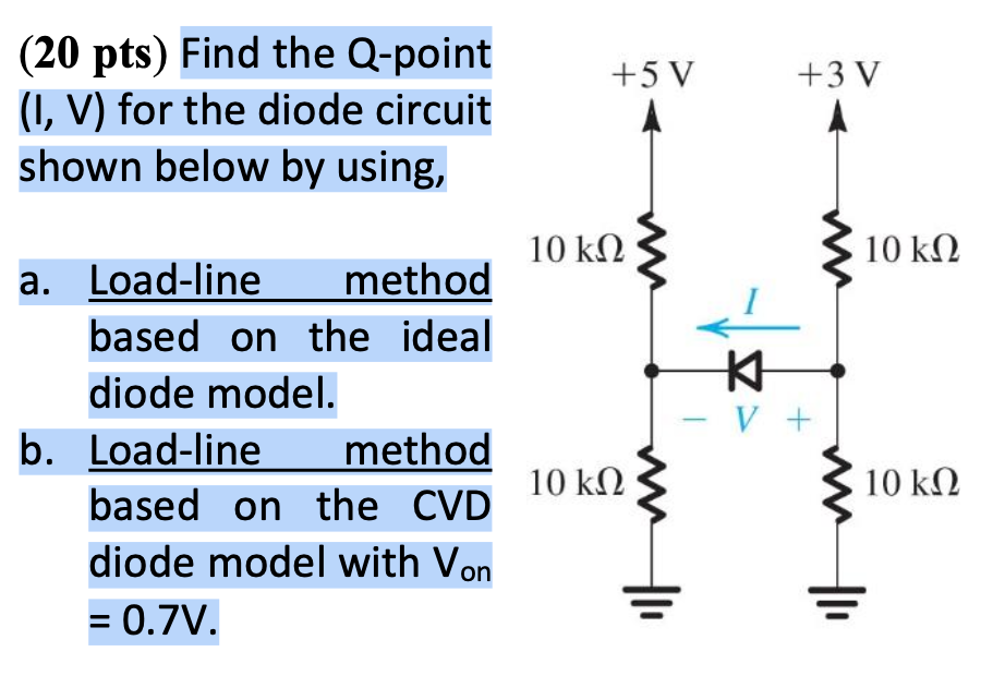 [Solved] (20 pts) Find the Qpoint (I, V) for the diode c