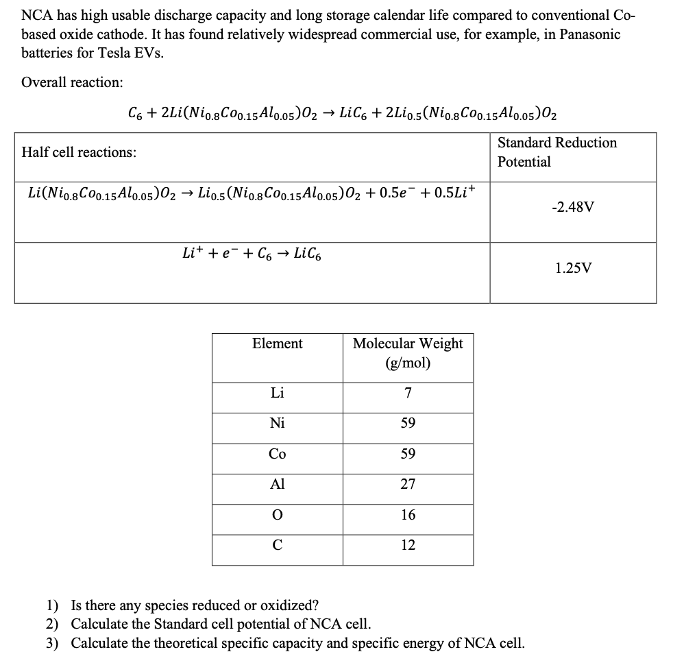 Solved NCA has high usable discharge capacity and long | Chegg.com