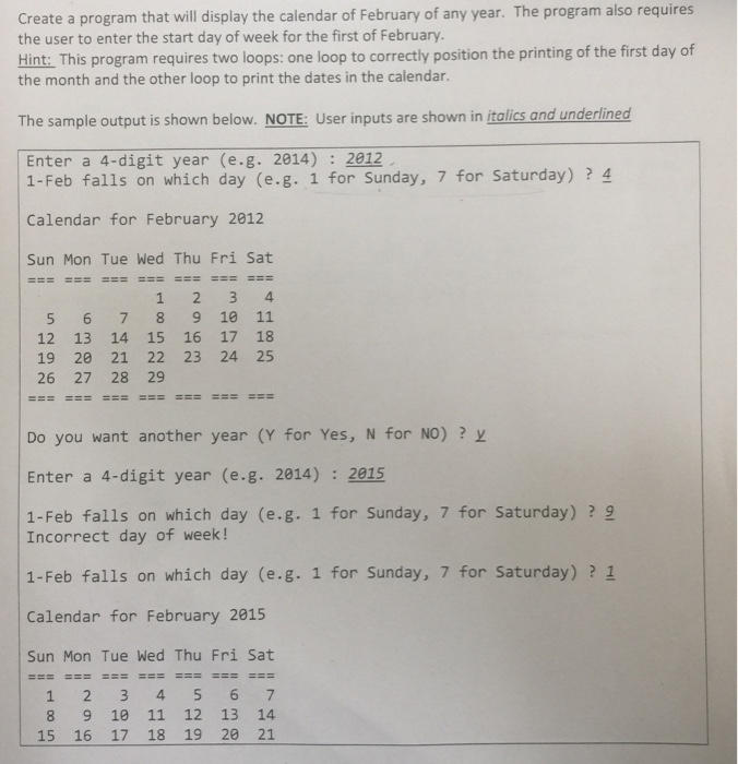 Solved Create a program that will display the calendar of | Chegg.com