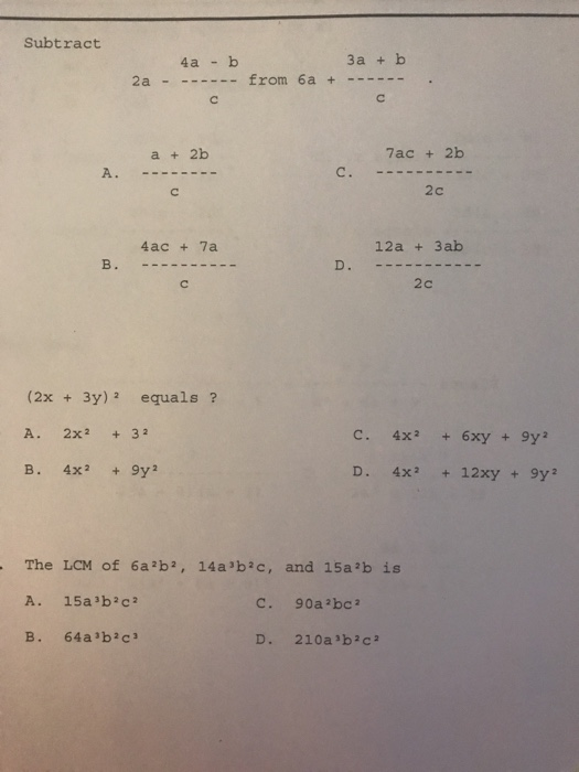 Solved Subtract 4ab 3a + B 2a---from 6a+--. A 2b 7ac + 2b A. | Chegg.com