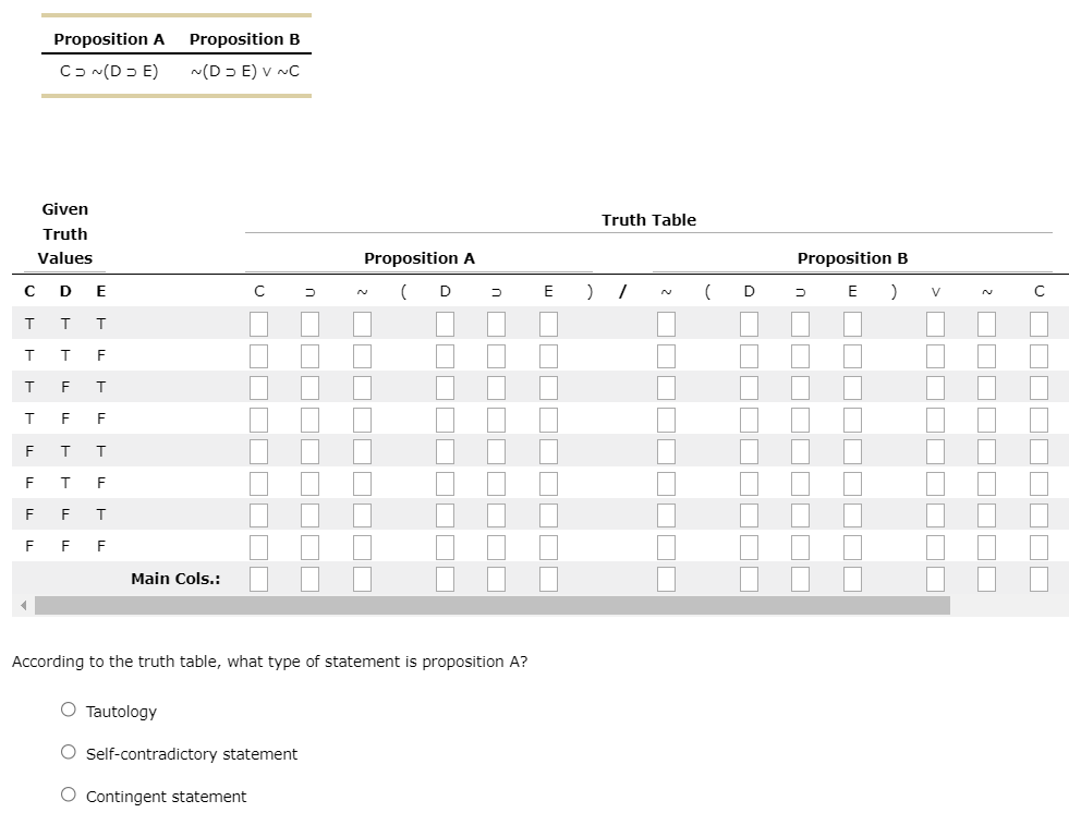 Solved Proposition A Proposition B CJ ~(DE) ~(DE) V ~C с | Chegg.com