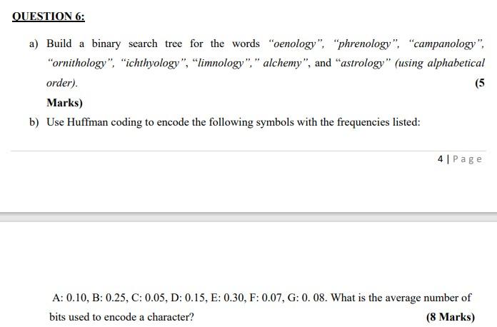 Solved QUESTION 6: A) Build A Binary Search Tree For The | Chegg.com