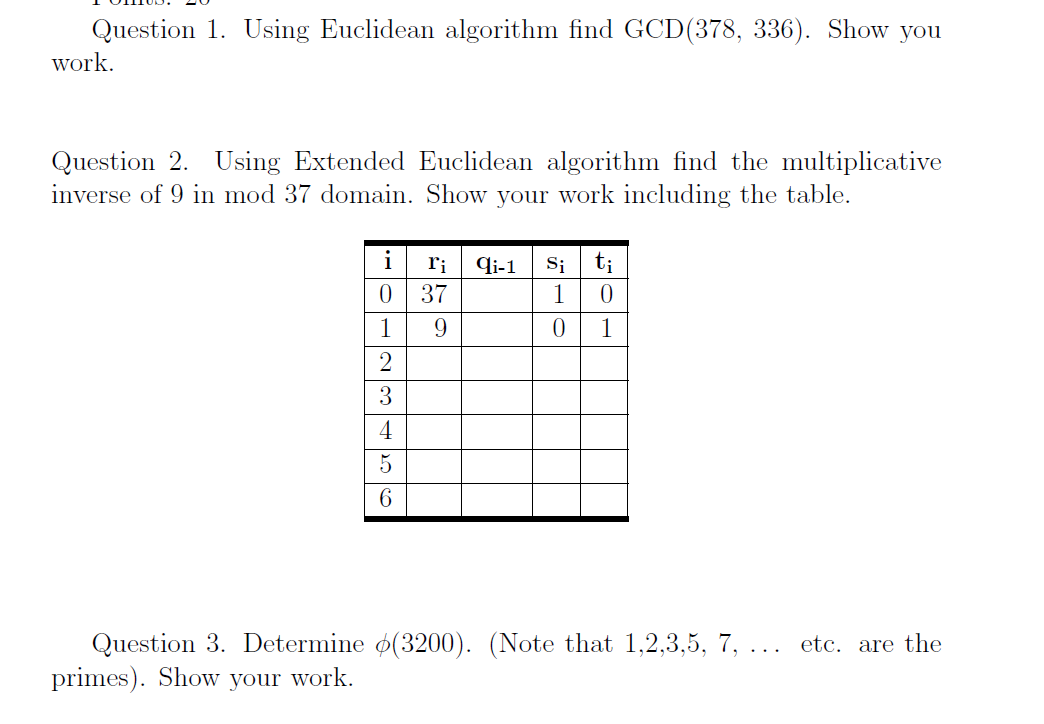 Solved Question 1 Using Euclidean Algorithm Find