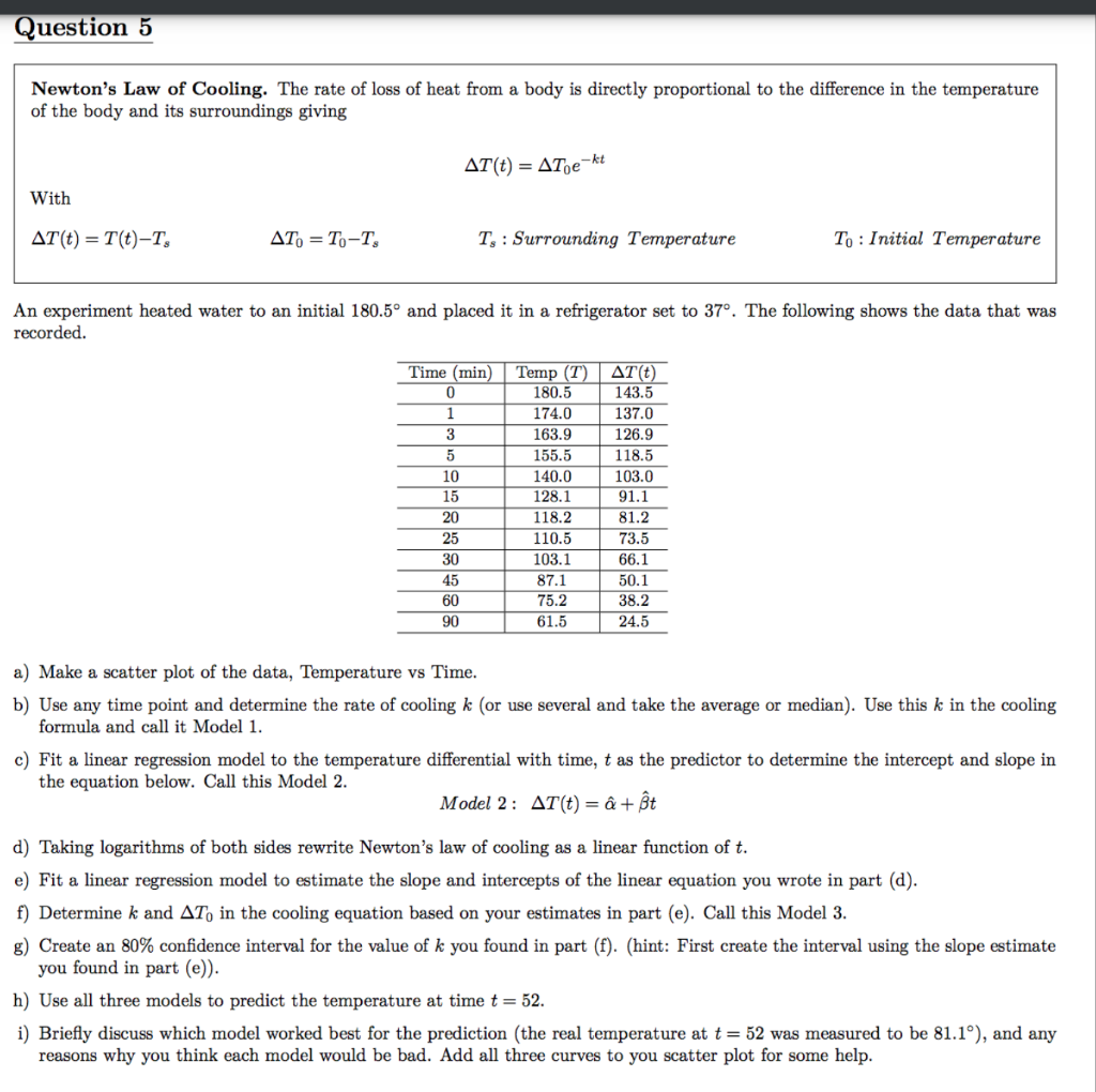 Solved Question 5 Newton's Law of Cooling. The rate of loss | Chegg.com