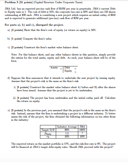 Problem 5 21 Points Capital Structure Under Chegg