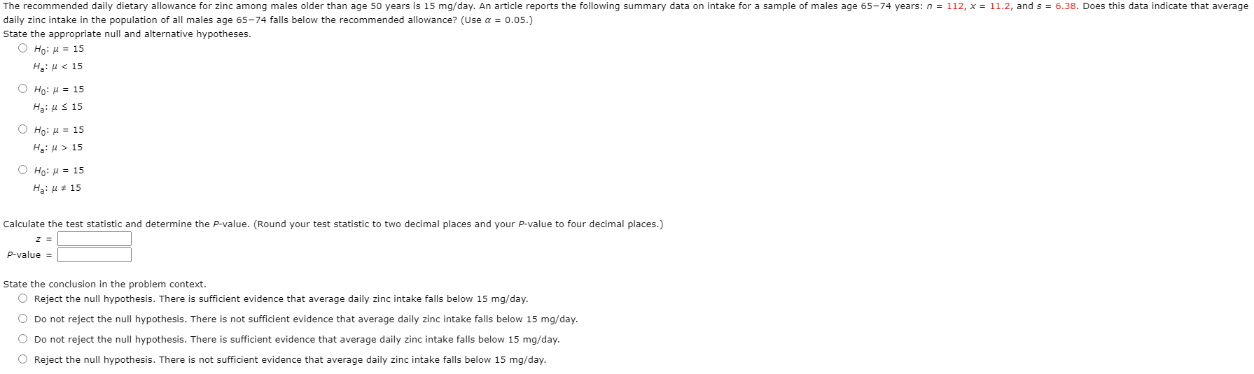 Solved The daily dietary allowance for zinc