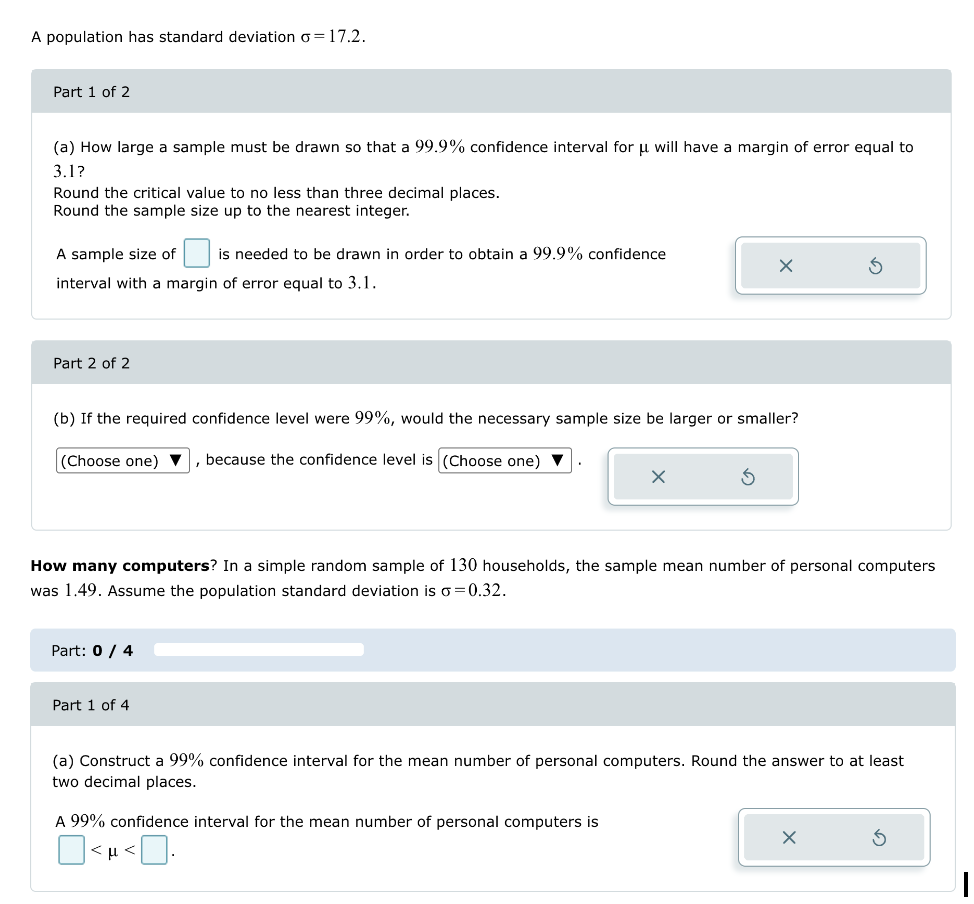 Solved A population has standard deviation σ=17.2.Part 1 ﻿of | Chegg.com