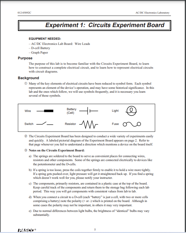 01205892C AC/DC Electronics Laboratory Experiment 1