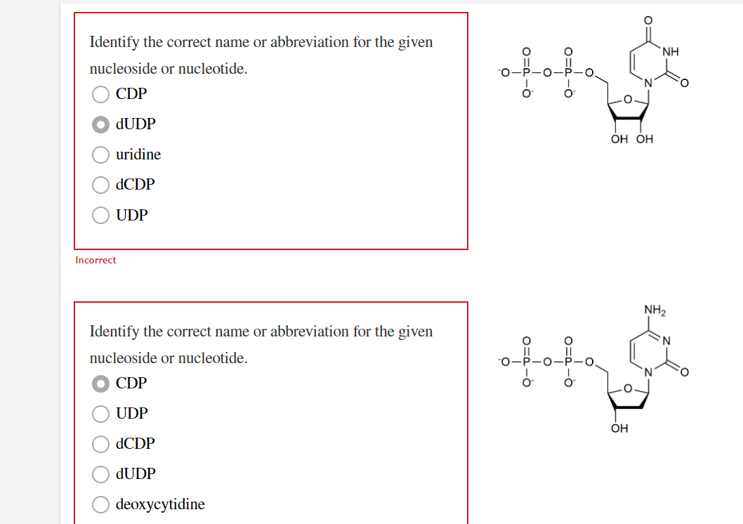 Identify the correct name or abbreviation for the given nucleoside or nucleotide.
CDP
UDP
dCDP
dUDP
deoxycytidine