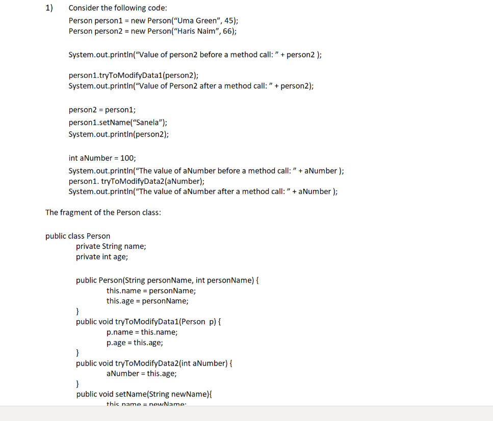 Solved 1) Consider the following code: Person person1 = new | Chegg.com