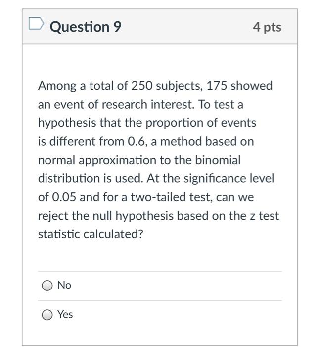 Solved Question 9 4 pts Among a total of 250 subjects, 175 | Chegg.com