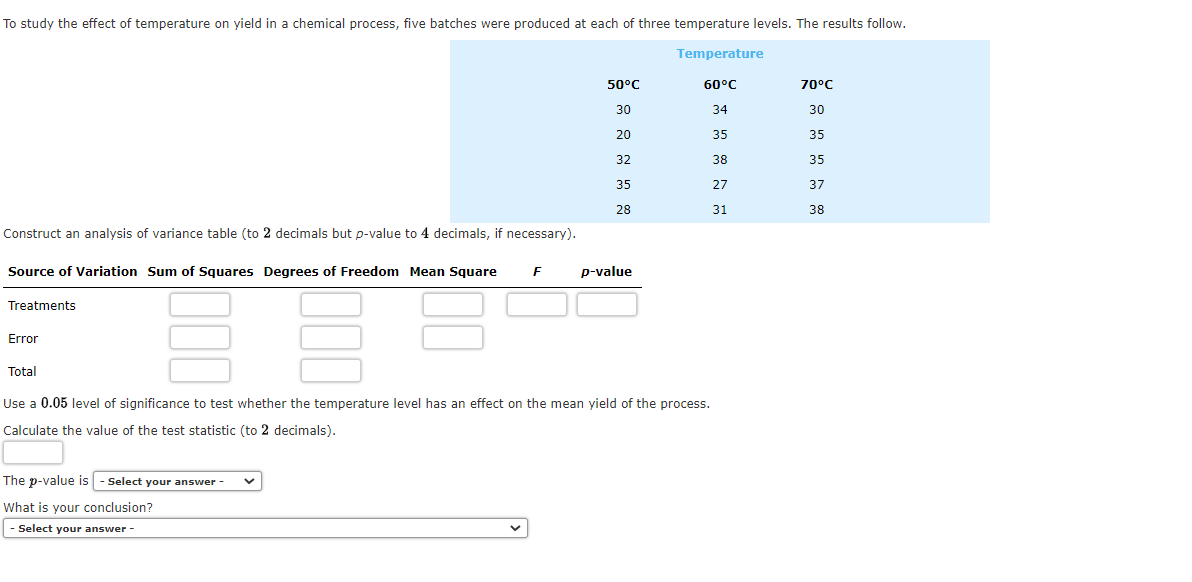 Solved To study the effect of temperature on yield in a | Chegg.com