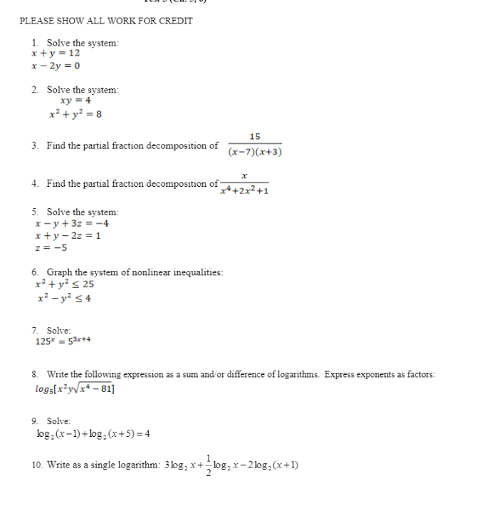 Please Show All Work For Credit 1 Solve The System Chegg Com