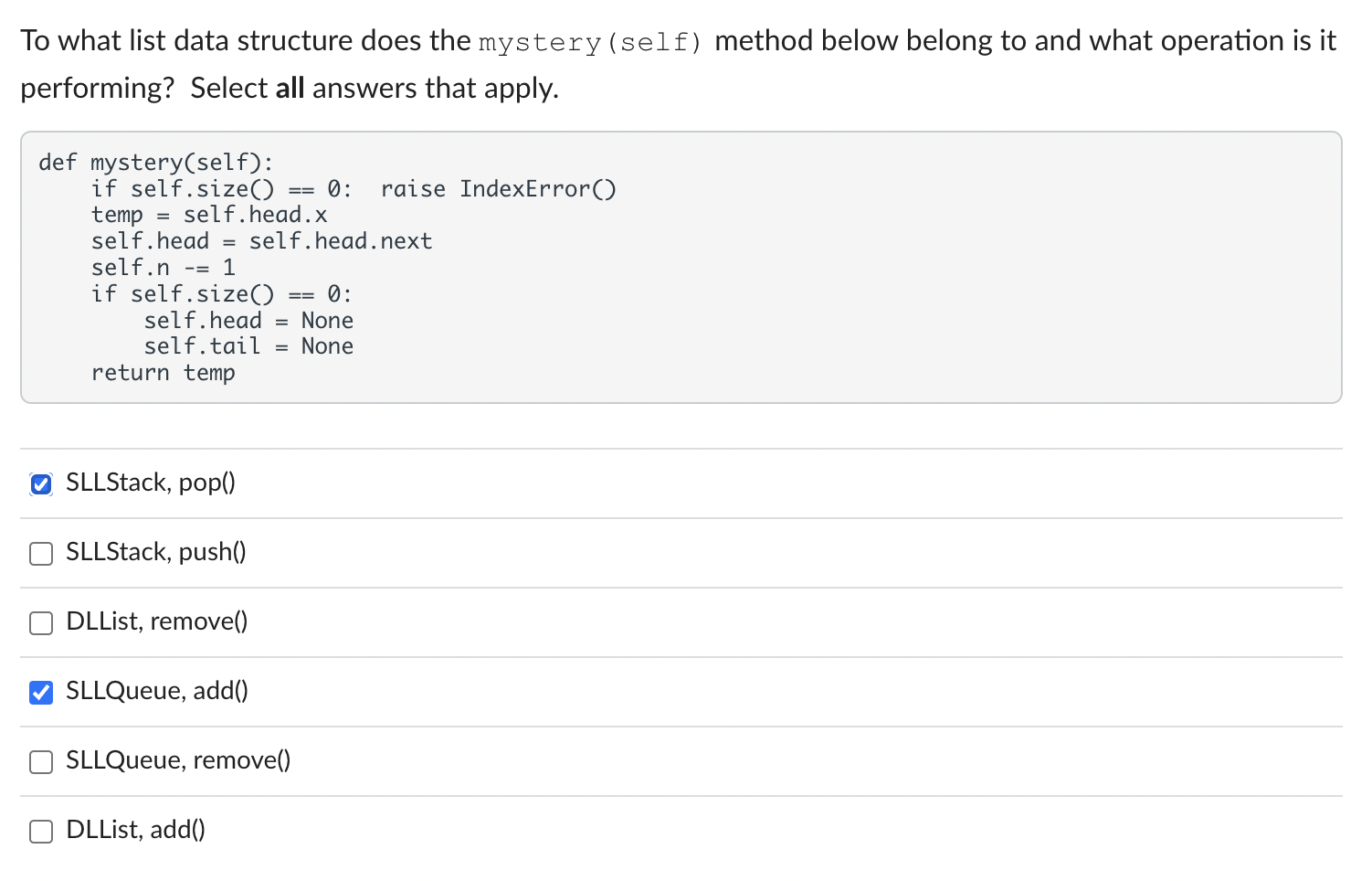Solved To what list data structure does the mystery ( self ) | Chegg.com