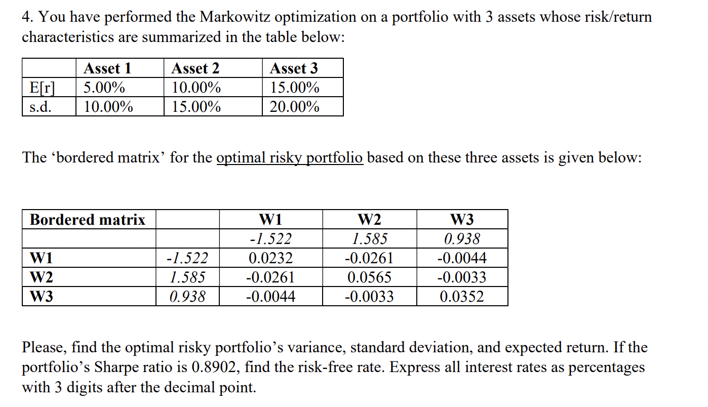 Solved 4. You Have Performed The Markowitz Optimization On A | Chegg.com