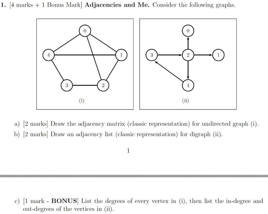 Solved 1. [4 marks + 1 Bonus Mark] Adjacencies and Me. | Chegg.com