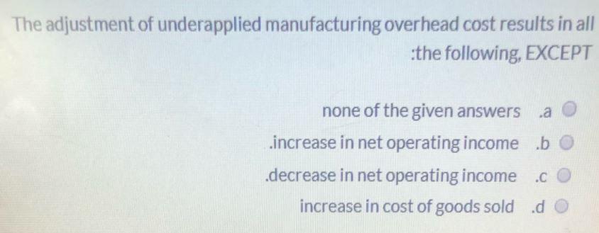 Solved The adjustment of underapplied manufacturing overhead | Chegg.com
