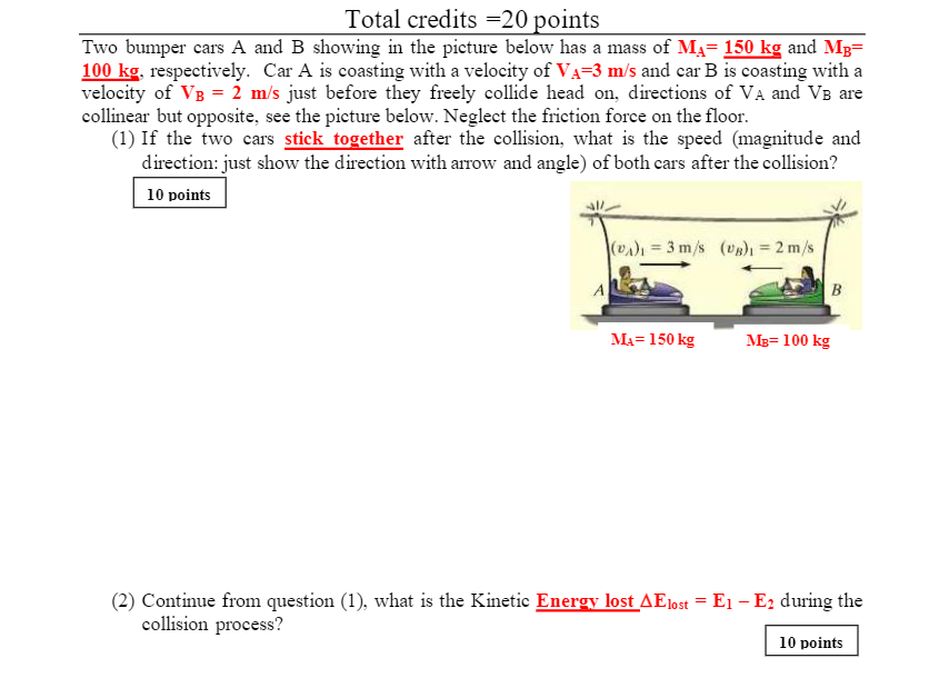 Solved Total Credits =20 Points Two Bumper Cars A And B | Chegg.com