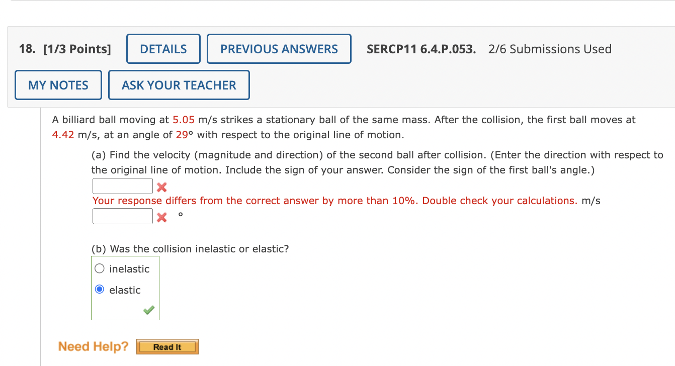Solved A billiard ball moving at 5.05 m/s strikes a