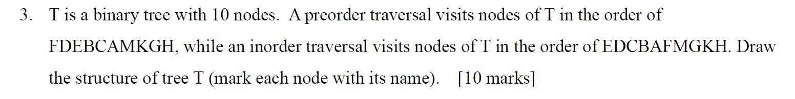 Solved 3. Tis a binary tree with 10 nodes. A preorder | Chegg.com