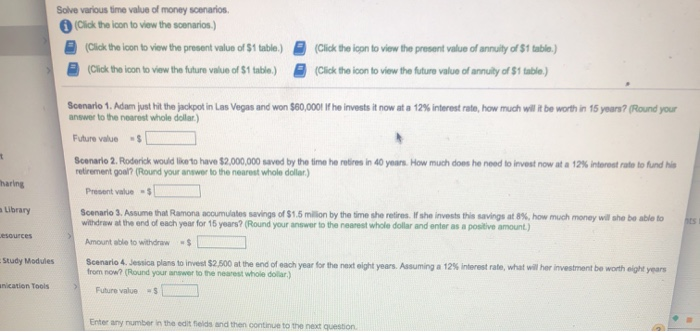 Solved Solve various time value of money scenarios 。(Cick he | Chegg.com